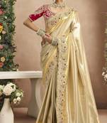 Cream red silk blend embroidered wedding Saree with blouse 