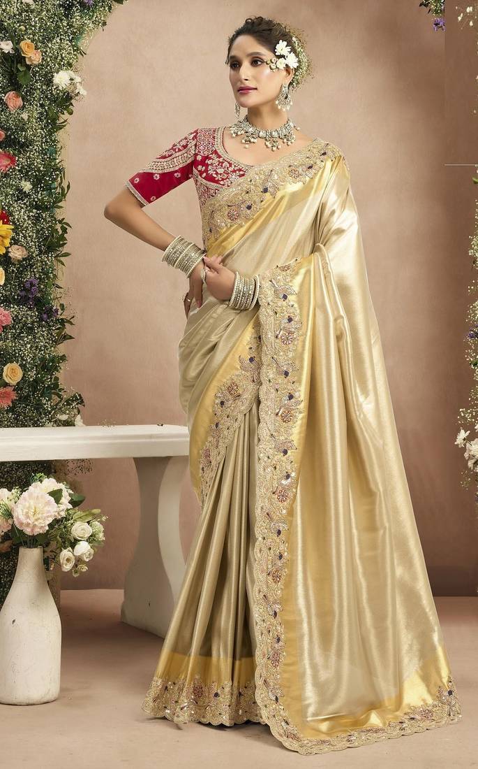 Cream red silk blend embroidered wedding Saree with blouse 