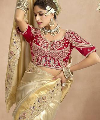Cream red silk blend embroidered wedding Saree with blouse  2