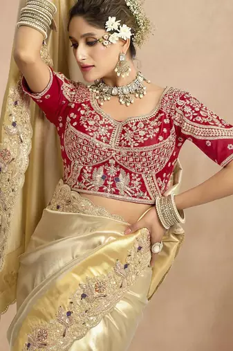 Cream red silk blend embroidered wedding Saree with blouse 