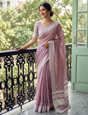 Rose pink colour linen saree with woven border & elegant pallu 1