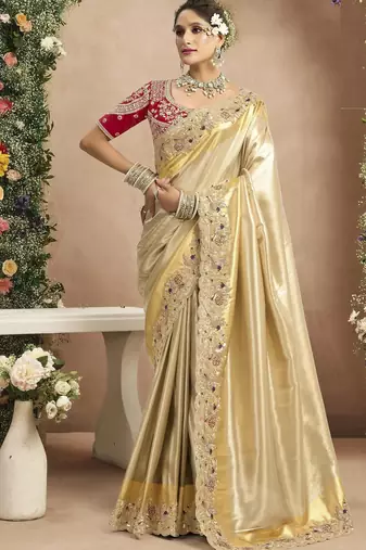 Cream red silk blend embroidered wedding Saree with blouse 