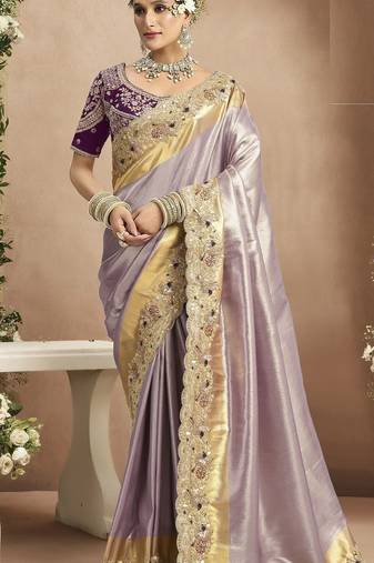 Mauve purple silk blend embroidered wedding Saree with blouse 