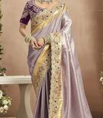 Mauve purple silk blend embroidered wedding Saree with blouse 