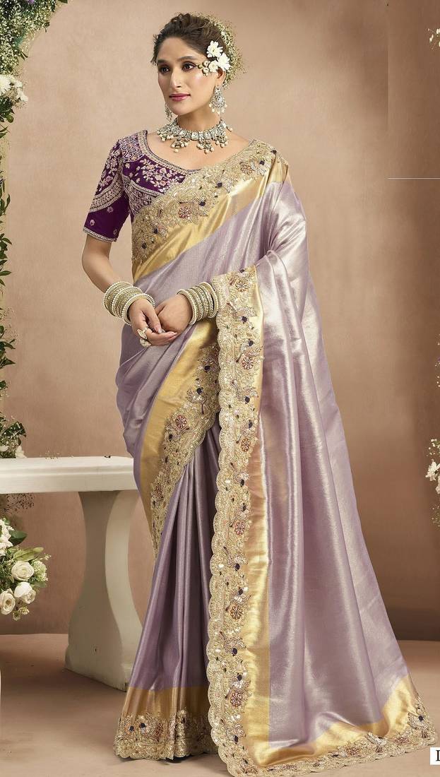 Mauve purple silk blend embroidered wedding Saree with blouse 
