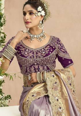 Mauve purple silk blend embroidered wedding Saree with blouse  2
