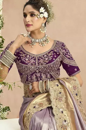 Mauve purple silk blend embroidered wedding Saree with blouse 