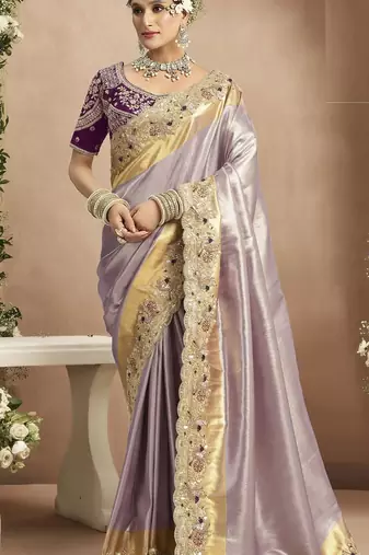 Mauve purple silk blend embroidered wedding Saree with blouse 
