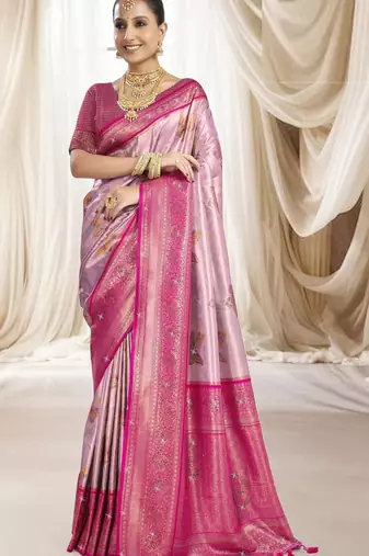 Pink magenta silk blend embroidered kanchipuram silk blend Saree with blouse 