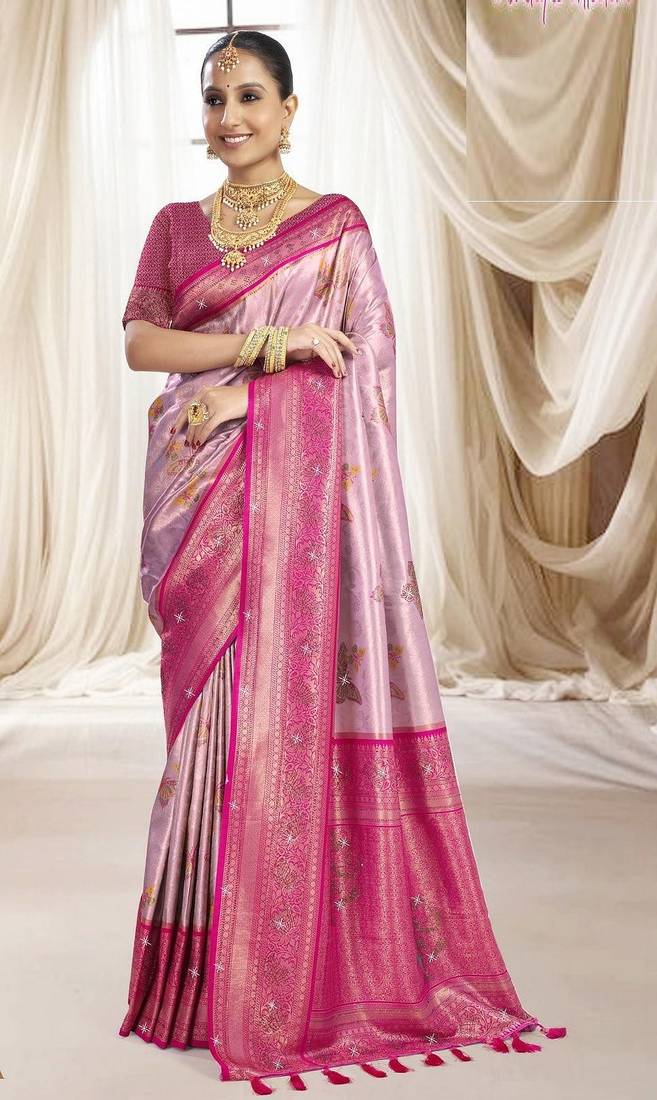 Pink magenta silk blend embroidered kanchipuram silk blend Saree with blouse 