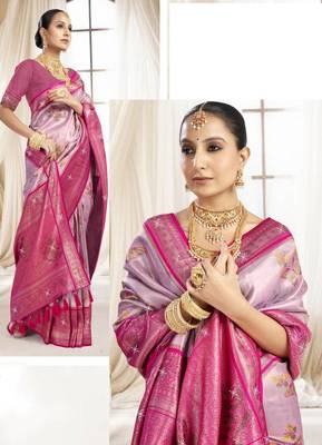 Pink magenta silk blend embroidered kanchipuram silk blend Saree with blouse  2