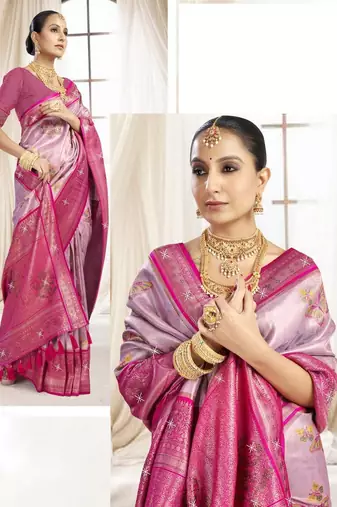 Pink magenta silk blend embroidered kanchipuram silk blend Saree with blouse 