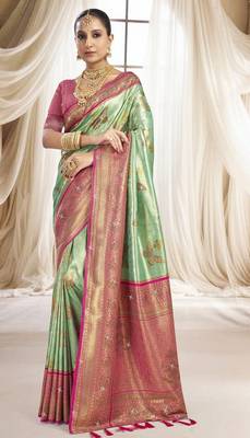 Green magenta silk blend embroidered kanchipuram silk blend Saree with blouse  1