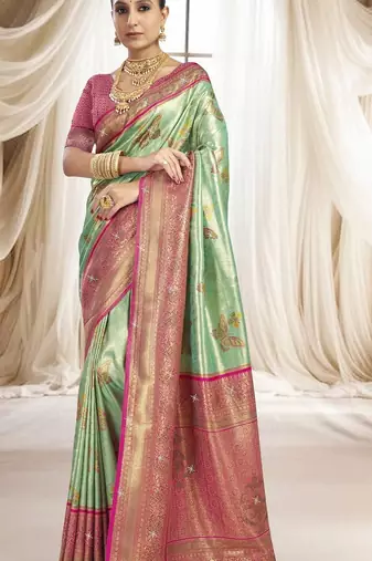 Green magenta silk blend embroidered kanchipuram silk blend Saree with blouse 