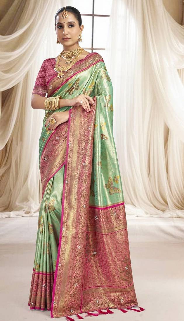 Green magenta silk blend embroidered kanchipuram silk blend Saree with blouse 