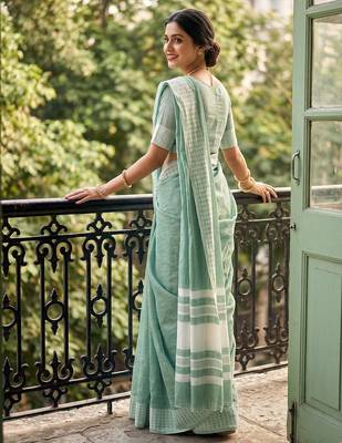 Sea green colour linen saree with woven border & elegant pallu 2