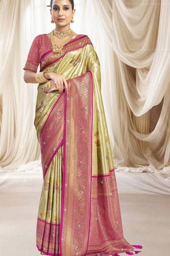 Cream magenta silk blend embroidered kanchipuram silk blend Saree with blouse 