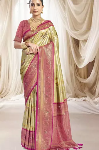 Cream magenta silk blend embroidered kanchipuram silk blend Saree with blouse 