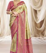 Cream magenta silk blend embroidered kanchipuram silk blend Saree with blouse 