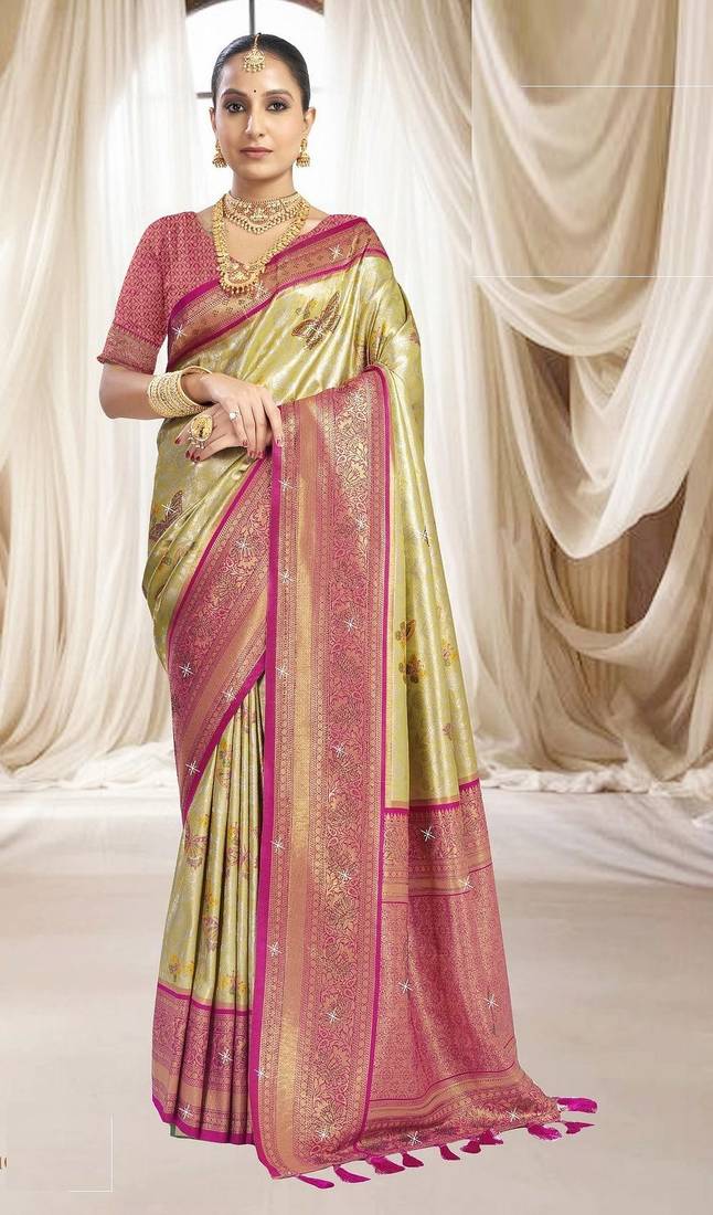 Cream magenta silk blend embroidered kanchipuram silk blend Saree with blouse 