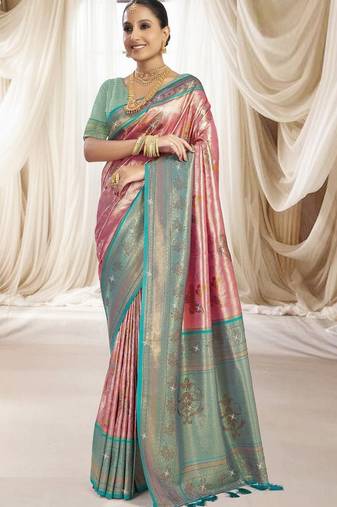 Pink blue silk blend embroidered kanchipuram silk blend Saree with blouse 