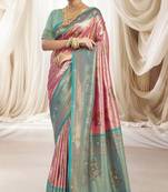 Pink blue silk blend embroidered kanchipuram silk blend Saree with blouse 
