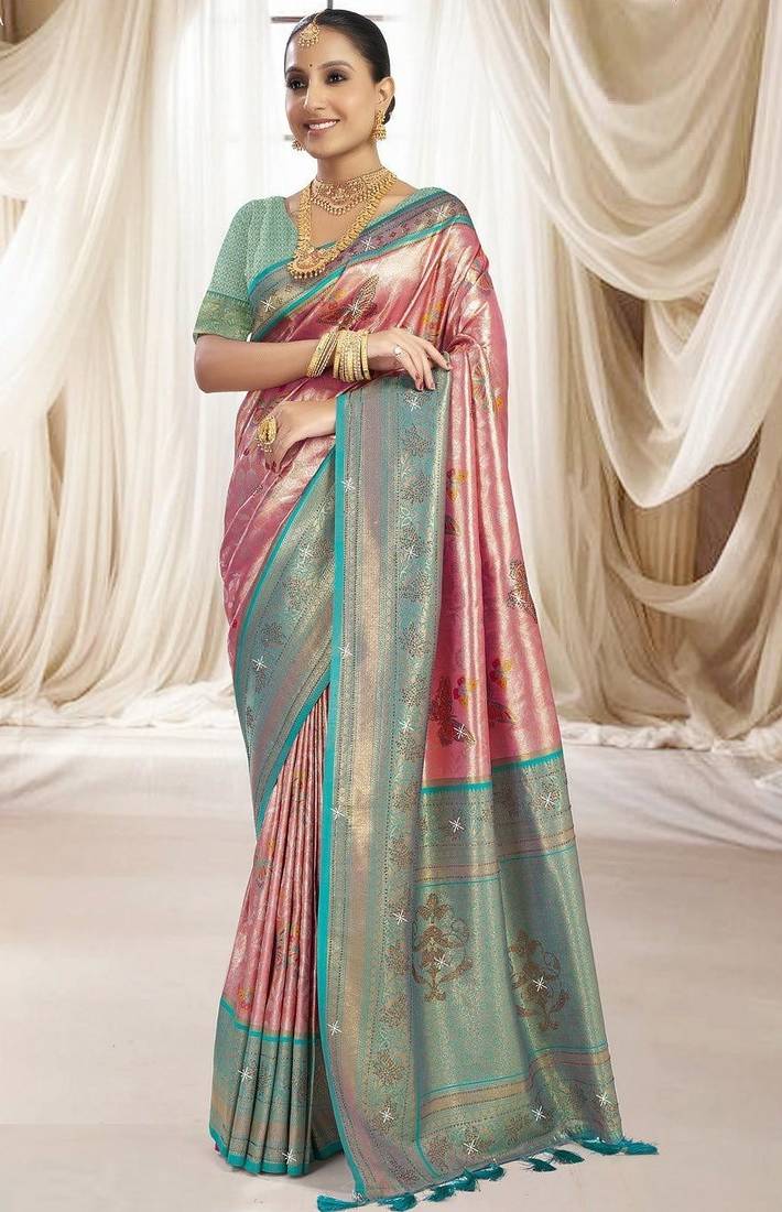 Pink blue silk blend embroidered kanchipuram silk blend Saree with blouse 