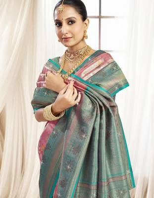 Pink blue silk blend embroidered kanchipuram silk blend Saree with blouse  2
