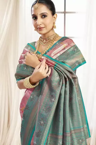 Pink blue silk blend embroidered kanchipuram silk blend Saree with blouse 