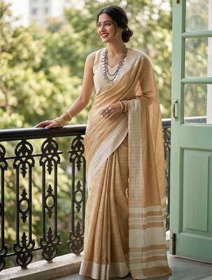 beige hand embroidery linen party wear saree 1