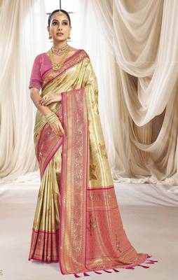 Cream pink silk blend embroidered kanchipuram silk blend Saree with blouse  1