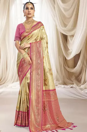 Cream pink silk blend embroidered kanchipuram silk blend Saree with blouse 