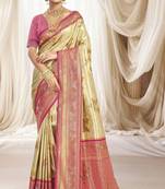 Cream pink silk blend embroidered kanchipuram silk blend Saree with blouse 
