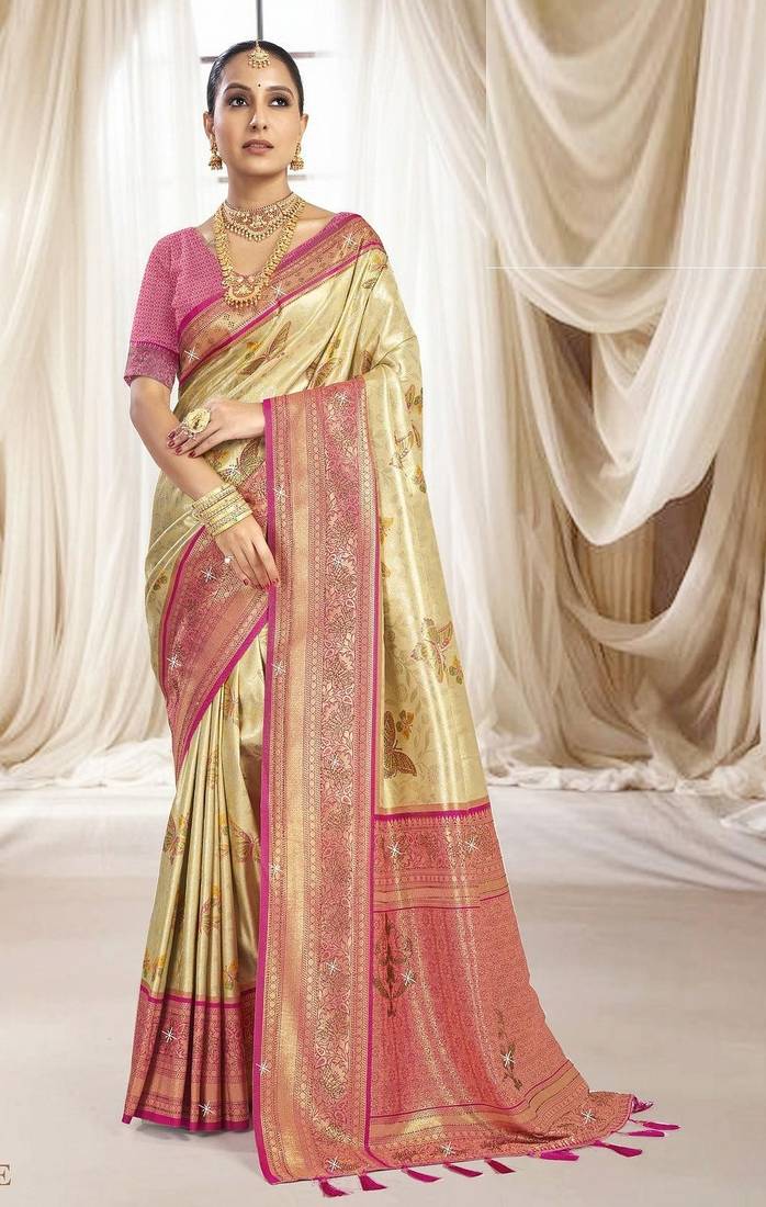 Cream pink silk blend embroidered kanchipuram silk blend Saree with blouse 