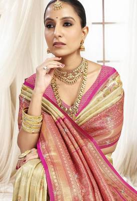 Cream pink silk blend embroidered kanchipuram silk blend Saree with blouse  2