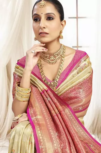 Cream pink silk blend embroidered kanchipuram silk blend Saree with blouse 