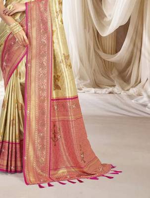 Cream pink silk blend embroidered kanchipuram silk blend Saree with blouse  3