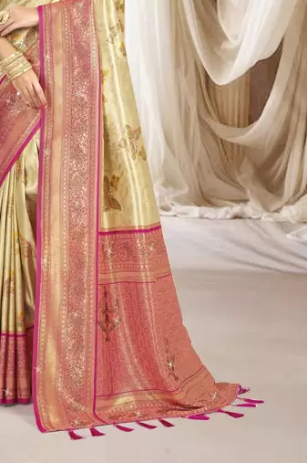 Cream pink silk blend embroidered kanchipuram silk blend Saree with blouse 