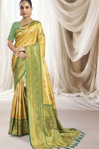 Gold green silk blend embroidered kanchipuram silk blend Saree with blouse 