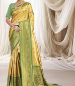 Gold green silk blend embroidered kanchipuram silk blend Saree with blouse 