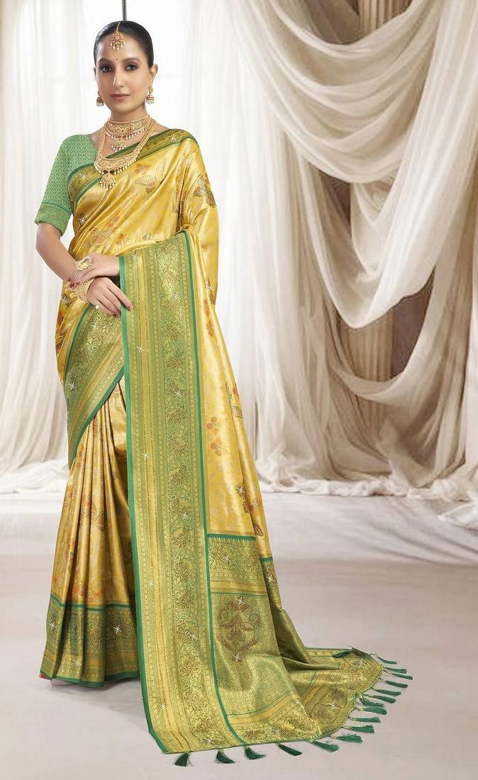 Gold green silk blend embroidered kanchipuram silk blend Saree with blouse 