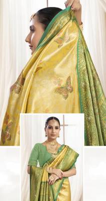 Gold green silk blend embroidered kanchipuram silk blend Saree with blouse  2