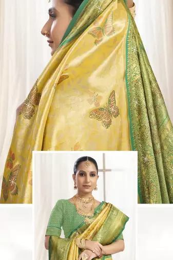 Gold green silk blend embroidered kanchipuram silk blend Saree with blouse 
