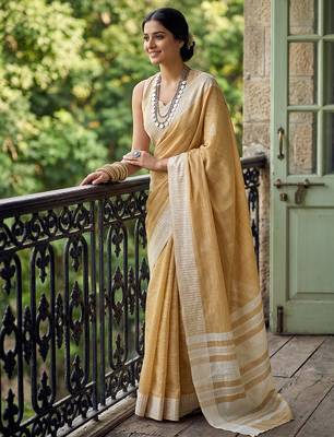 beige hand embroidery linen party wear saree 3