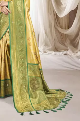 Gold green silk blend embroidered kanchipuram silk blend Saree with blouse 