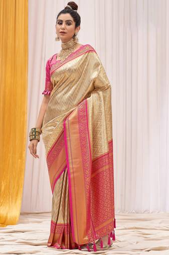 Cream pink silk blend embroidered kanchipuram silk blend Saree with blouse 