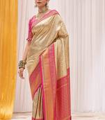 Cream pink silk blend embroidered kanchipuram silk blend Saree with blouse 