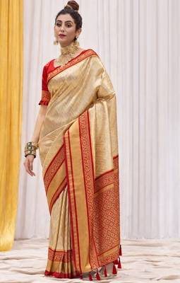 Cream red silk blend embroidered kanchipuram silk blend Saree with blouse  1