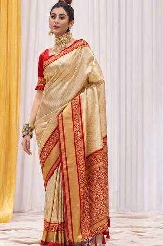 Cream red silk blend embroidered kanchipuram silk blend Saree with blouse 