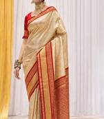 Cream red silk blend embroidered kanchipuram silk blend Saree with blouse 